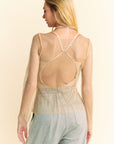 Davi & Dani Sparkling Rhinestone Sheer Mesh Round Neck Top