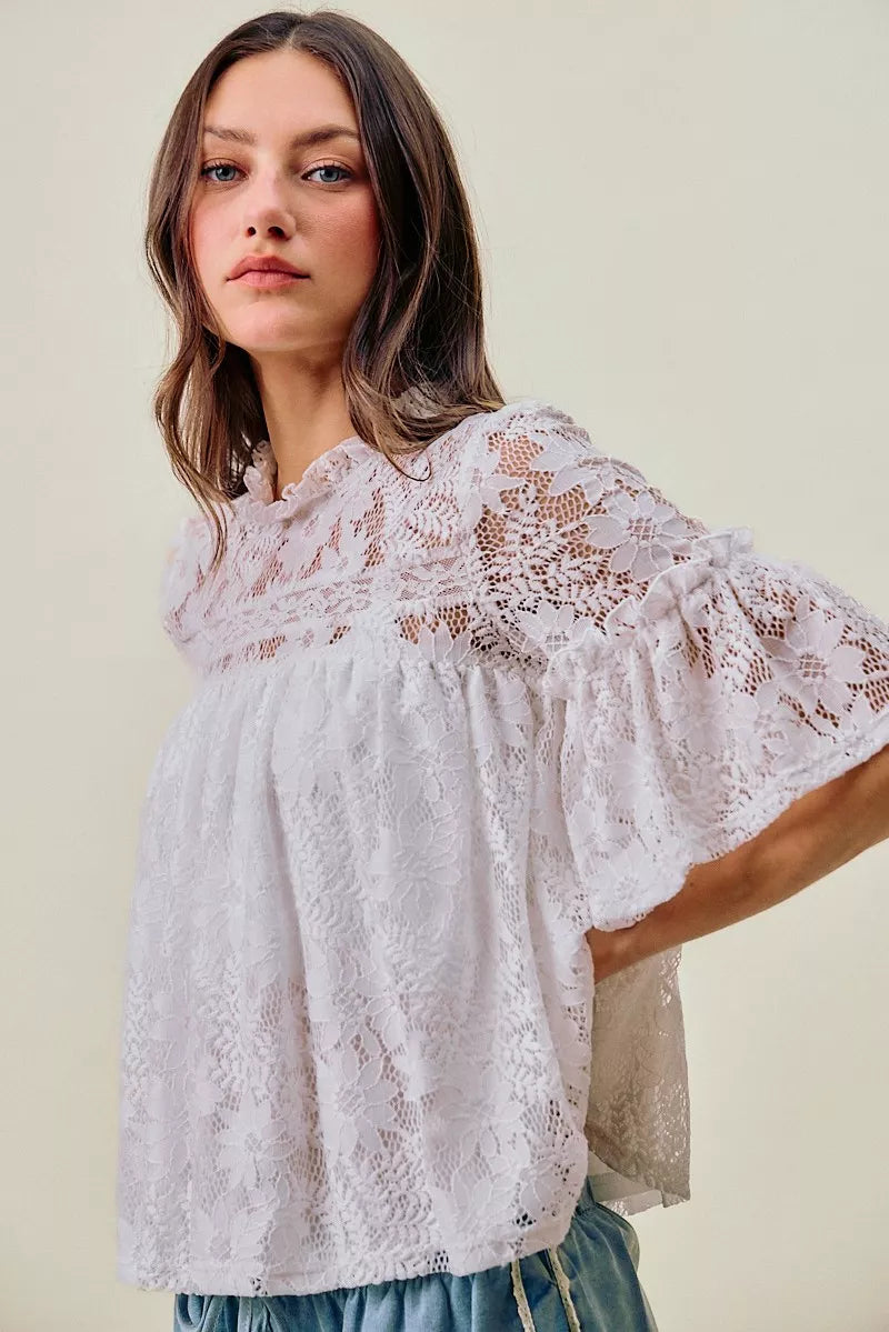 SO ME Lace Ruffled Short Sleeves Swing Top