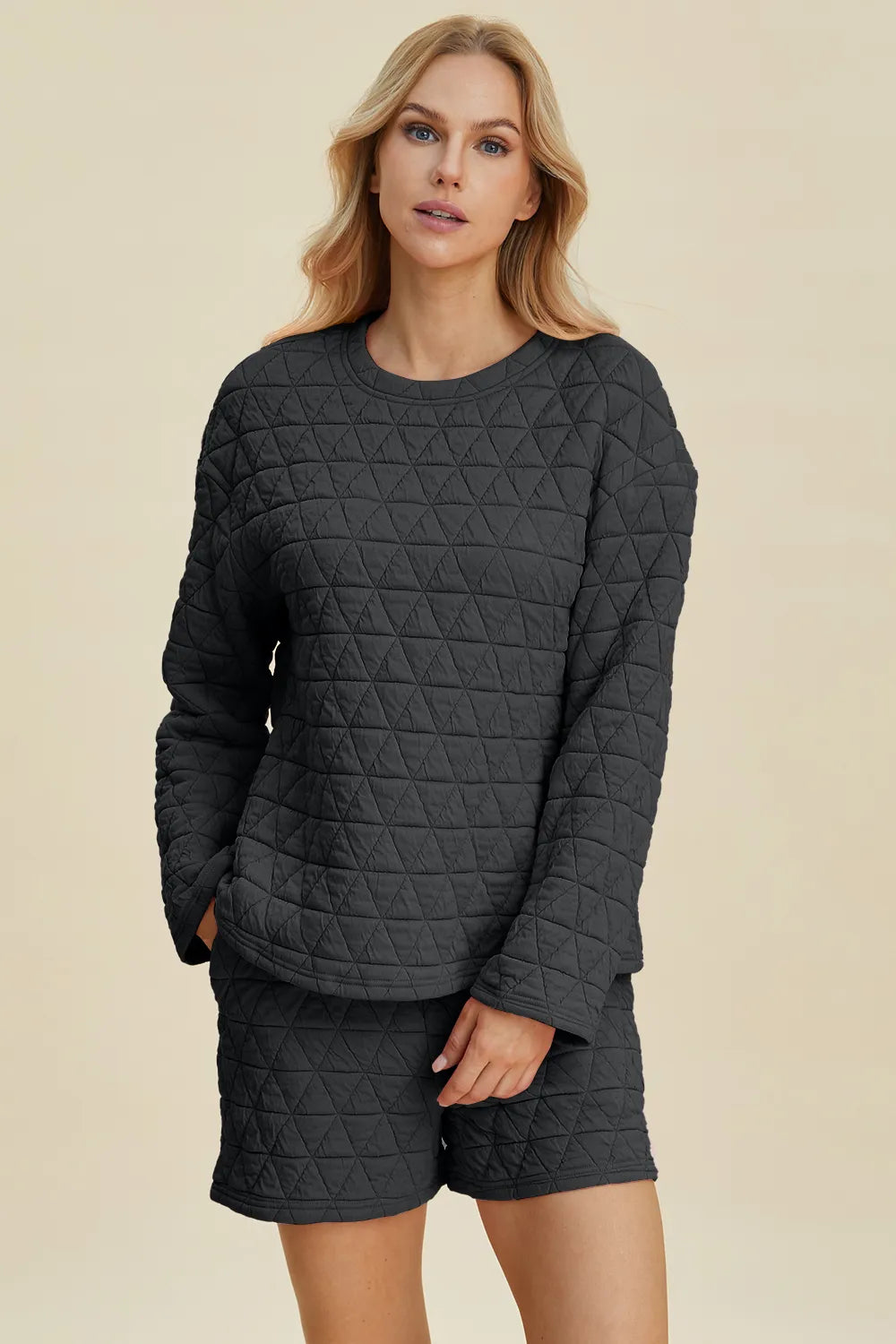 Double Take Textured Long Sleeve Top & Shorts Set
