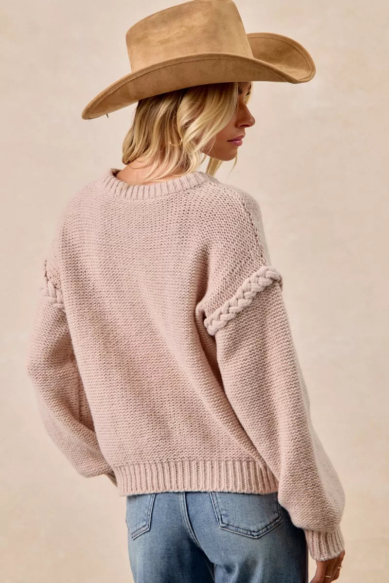 BiBi Cable Knit Sweater with Shoulder Braid Detail