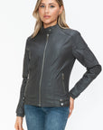 Snobbish Faux Leather Biker Jacket with Side Zip Pockets