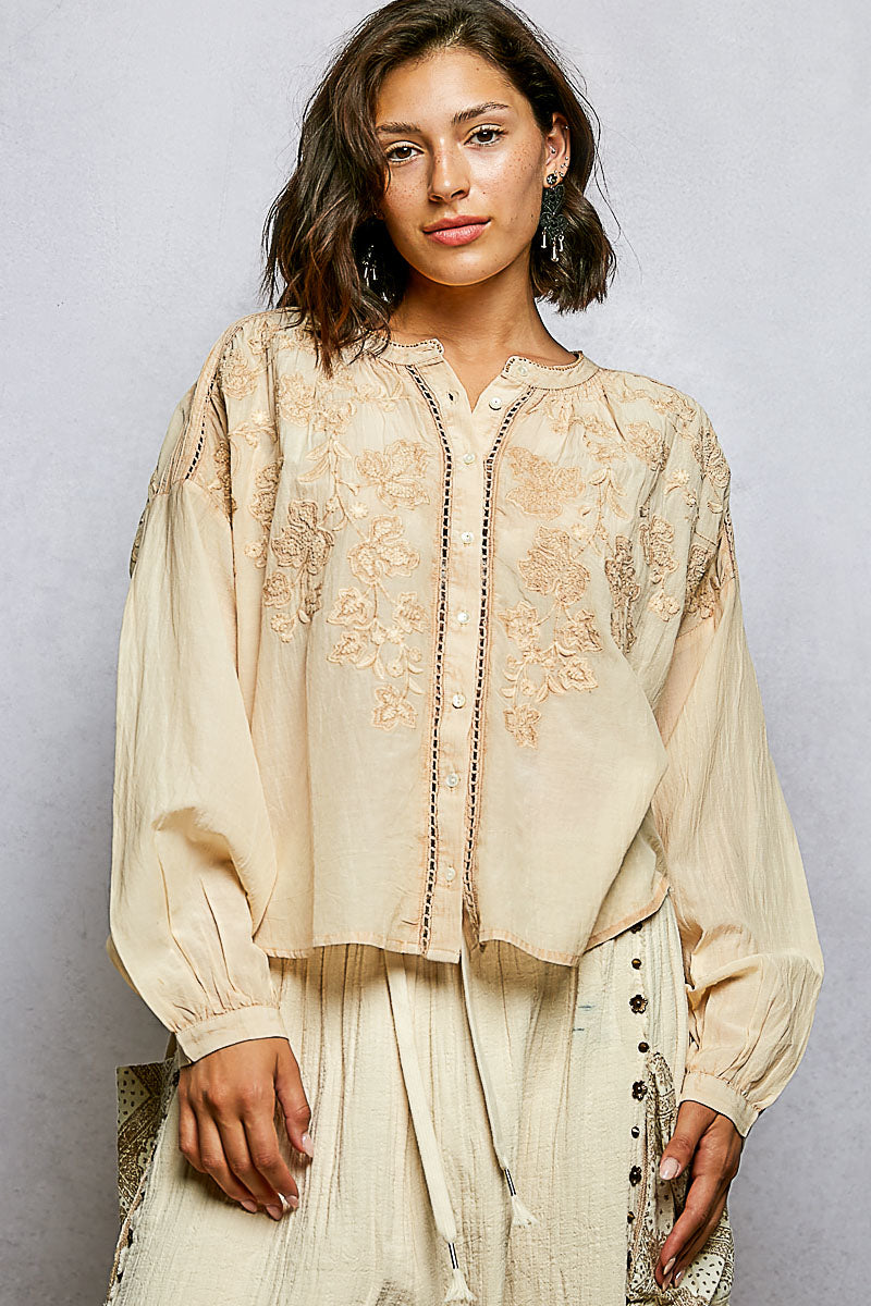 POL Embroidery Button Down Long Sleeve Washed Shirt