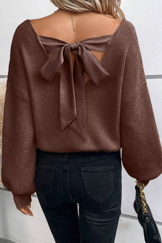 Bow Back Lantern Sleeve V-Neck Sweater