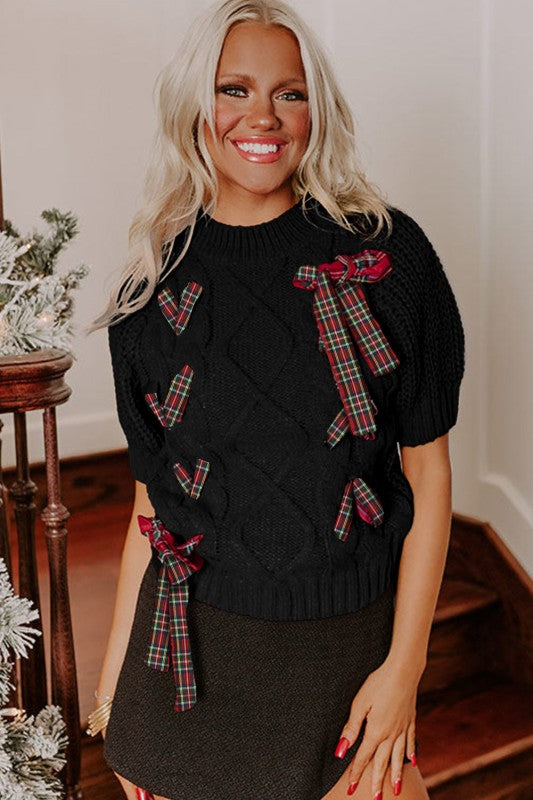 Christmas Plaid Lace-Up Puff Sleeve Sweater