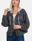 Zenana Brushed Hacci Button Down Drawstring Hooded Shacket