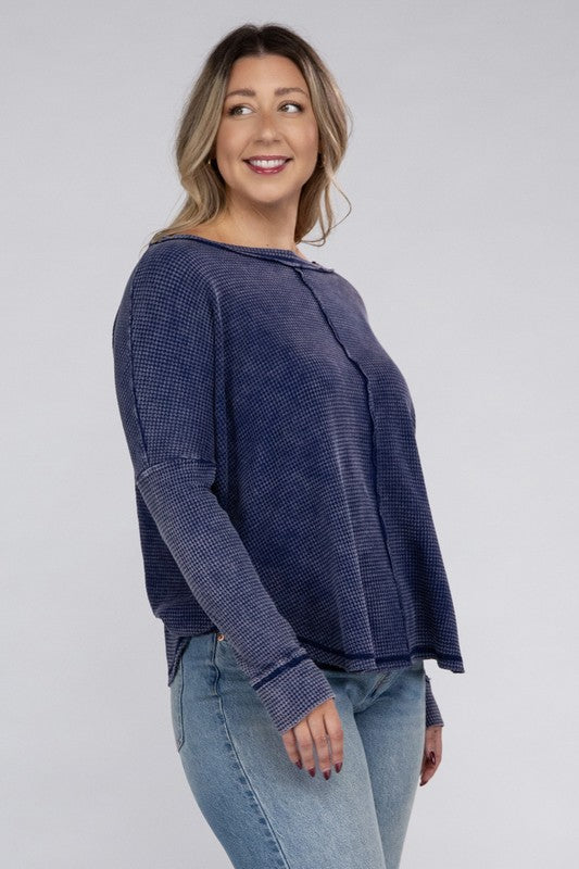 Zenana Plus Washed Baby Waffle Oversized Long Sleeve Top