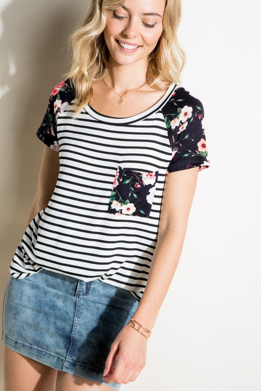 e Luna Striped Floral Mix Short Sleeve Top