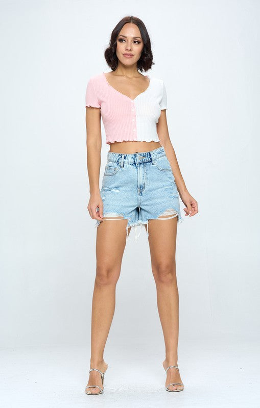 High Rise Ripped Denim Shorts - Online Only