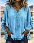Women's Boho V-Neck Lace-Up Ruffle Sleeve Blouse – Lace Trim