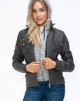 YMI Removable Faux Layered Multi-Pocket Jacket with Fuzzy Hood