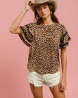 BiBi Leopard Crochet Trim Round Neck Short Sleeve Top