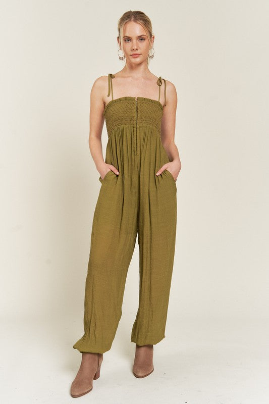 Jade By Jane Smocked Tie Strap Jumpsuit