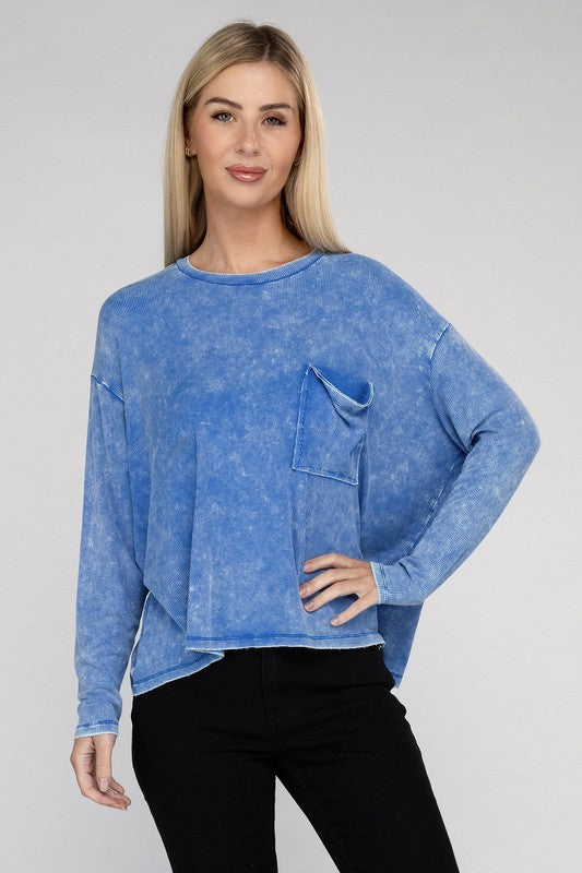 Zenana Washed Ribbed Dolman Sleeve Round Neck Top