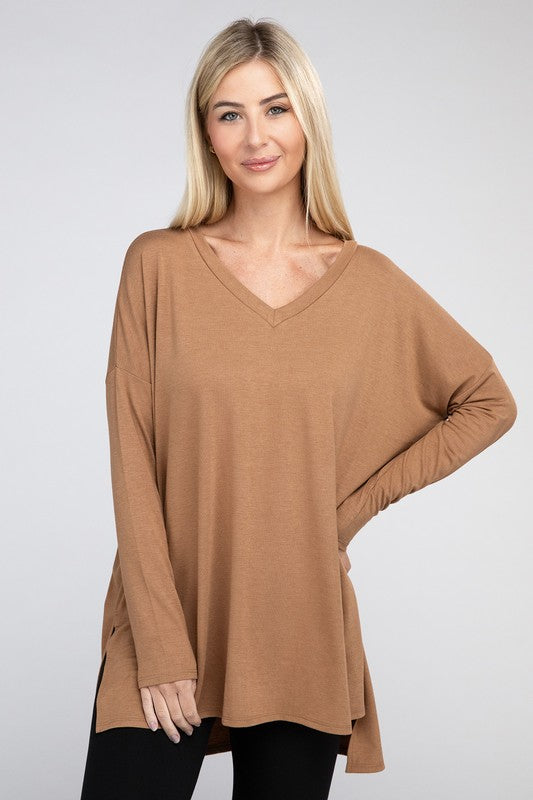 Zenana Dolman Long Sleeve V-Neck Side Slit Hi-Low Hem Top