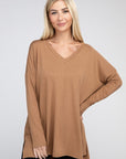 Zenana Dolman Long Sleeve V-Neck Side Slit Hi-Low Hem Top