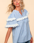 Haptics Full Size Plaid Scallop Hem Notched Short Sleeve Blouse