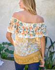 Davi & Dani Printed Off Shoulder Smocked Top