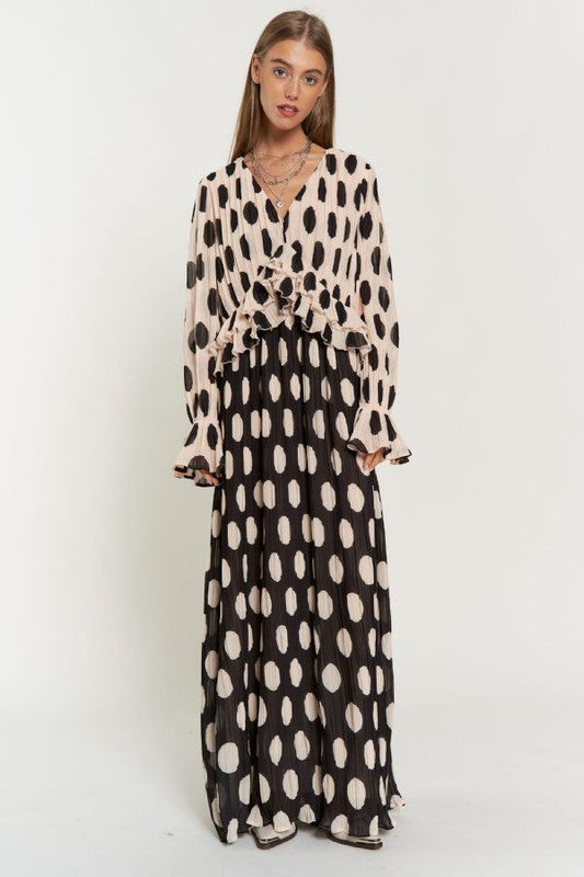 Davi &amp; Dani Polka Dot Ruffled Long Sleeve Pleated Maxi Dress