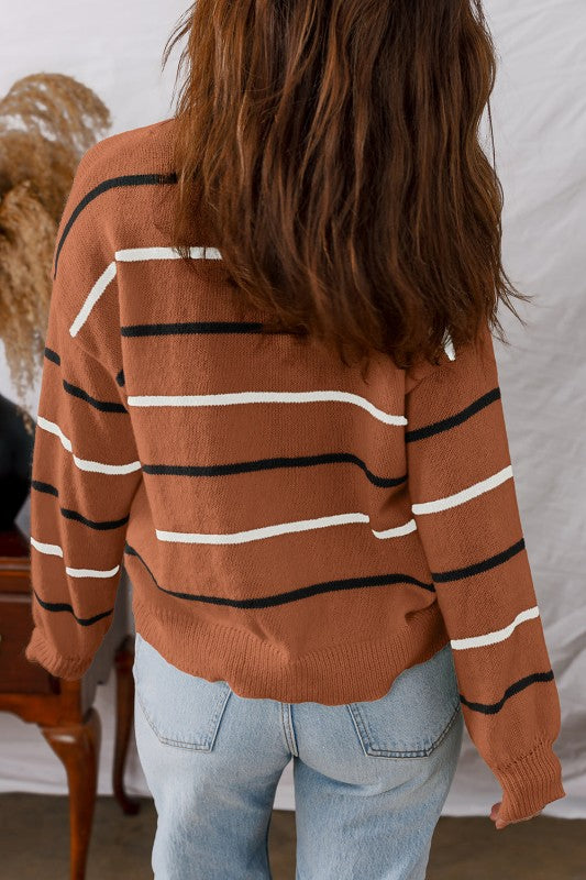 Stripe Ribbed Trim Drop Shoulder Sweater