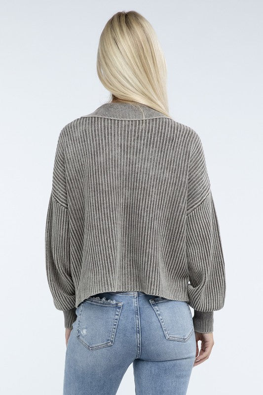 ZENANA Washed Collared Henley Sweater