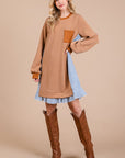 Ces Femme Striped Patchwork Round Neck Terry Sweatshirt Dress