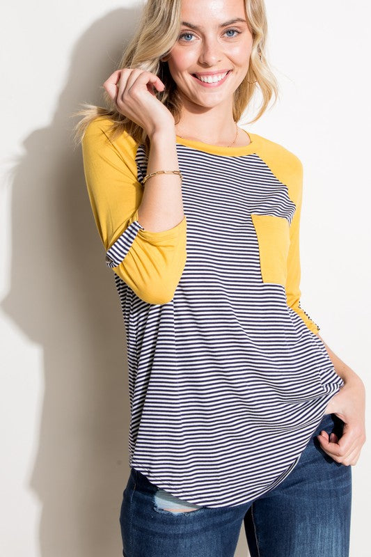 e Luna Striped Solid Roll Up Sleeve Top