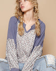 POL Waffle Knit Floral Notched Long Sleeve Top