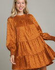 Umgee Smocked Leopard Long Sleeve Tiered Dress