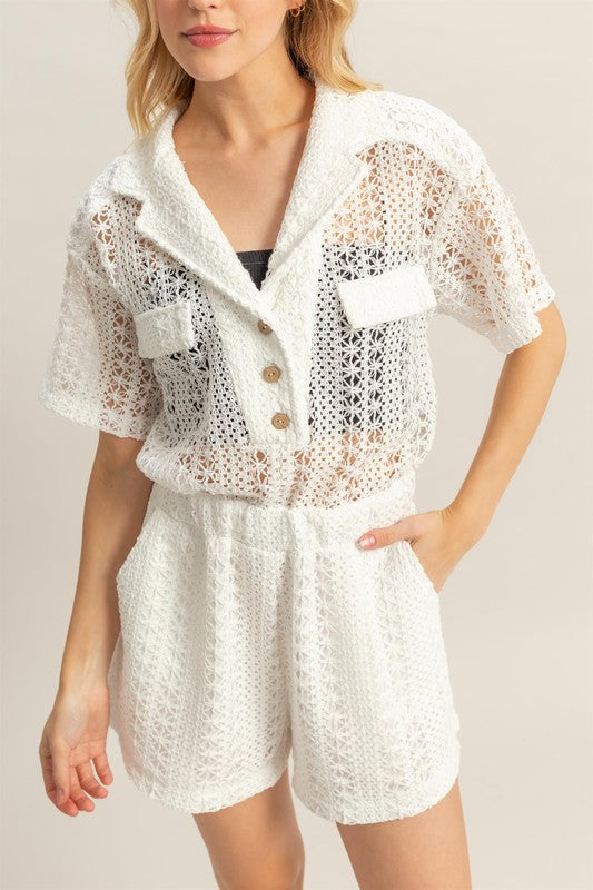 HYFVE Crochet Button Front Short Sleeve Romper