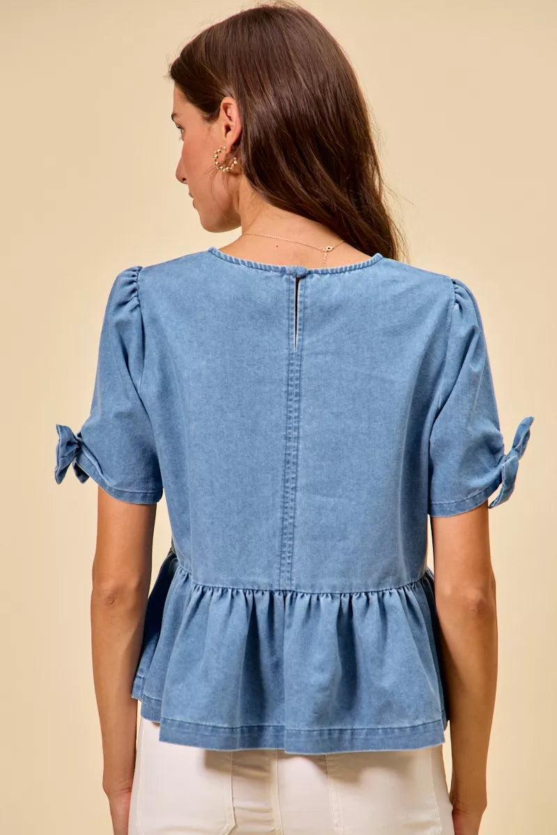 SO ME Denim Bow Detail Short Sleeves Peplum Top