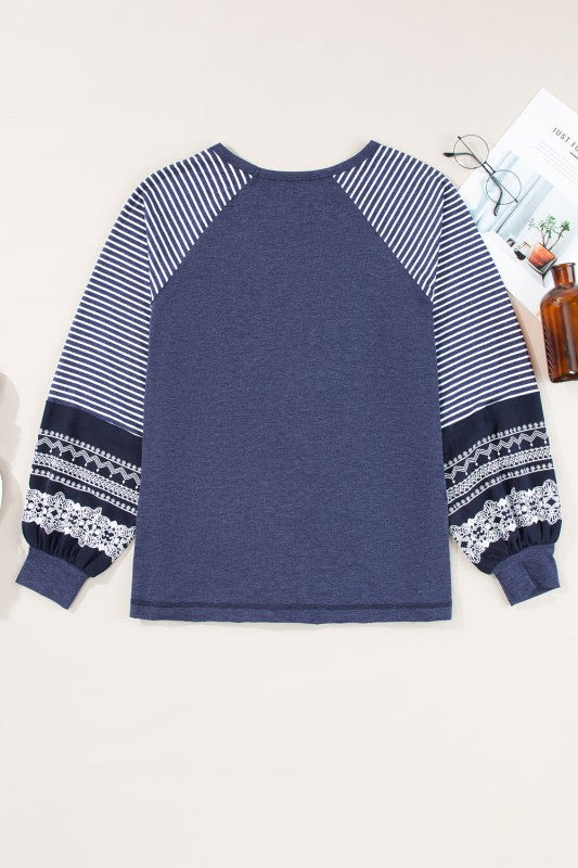 Stripe Patchwork Raglan Long Sleeve Top