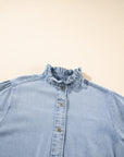 Chambray Ruffle Short Puff Sleeve Buttoned Shirt