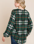 BOMBOM Curved Hem Plaid Round Neck Long Sleeve Top