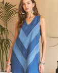 ADORA Chevron Color Block V-Neck Denim Dress