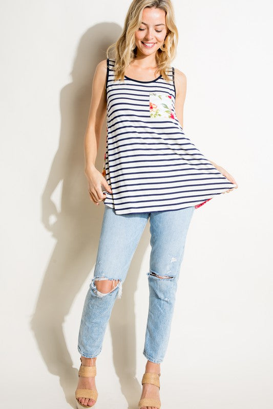 e Luna Striped Floral Mix Tank