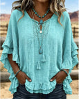Women's Boho V-Neck Lace-Up Ruffle Sleeve Blouse – Lace Trim