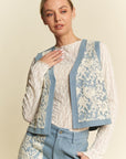 Davi & Dani Lace Patch Open Front Denim Vest