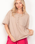 VERY J Twisted Sleeve Band Half Button Top