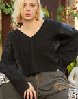 POL Cable Knit Quilting Patch V-Neck Sweater