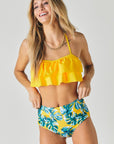 Davi & Dani Solid Ruffle Top And Printed Bottom Swimsuit