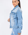 American Bazi Graphic Distressed Long Sleeve Denim Jacket