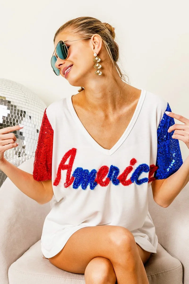 BiBi Metallic Letter V-neck Sequin Sleeves Top in Cream