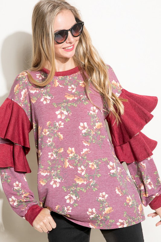 e Luna Floral Mixed Long Sleeve Ruffle Top