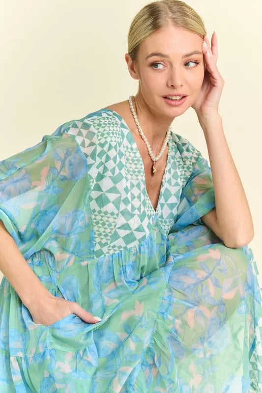 Davi & Dani Geo and Floral Print Mixed Tiered Dress in Mint