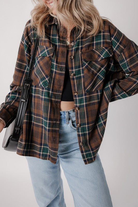 Women&#39;s Plaid Print Pockets Buttoned Shirt Jacket