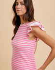 Annie Wear Ruffled Striped Round Neck Cap Sleeve Knit Top