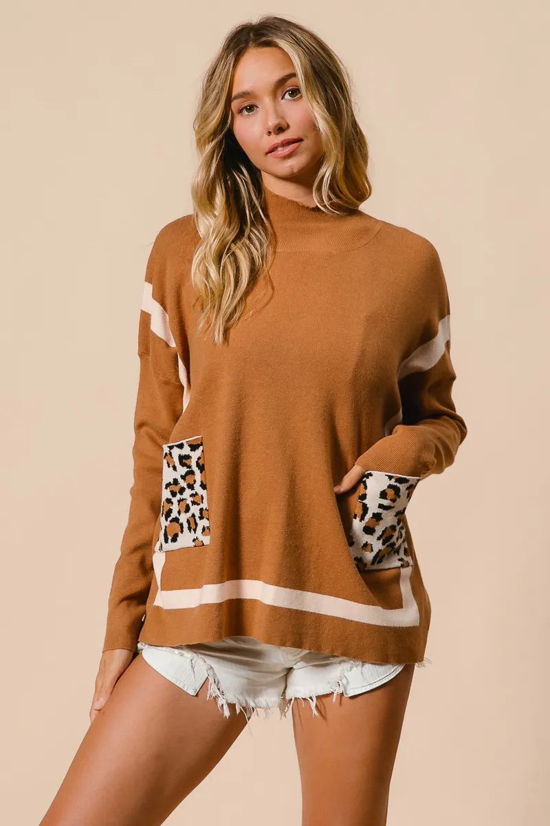 BiBi Mock Neck Sweater with Leopard Pocket