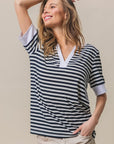 BiBi Contrast Striped Notched Knit Top