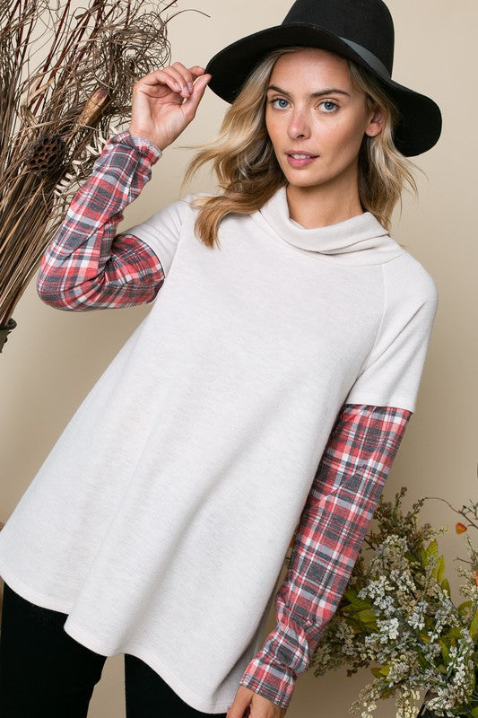 e Luna Plaid Mixed Turtleneck Top