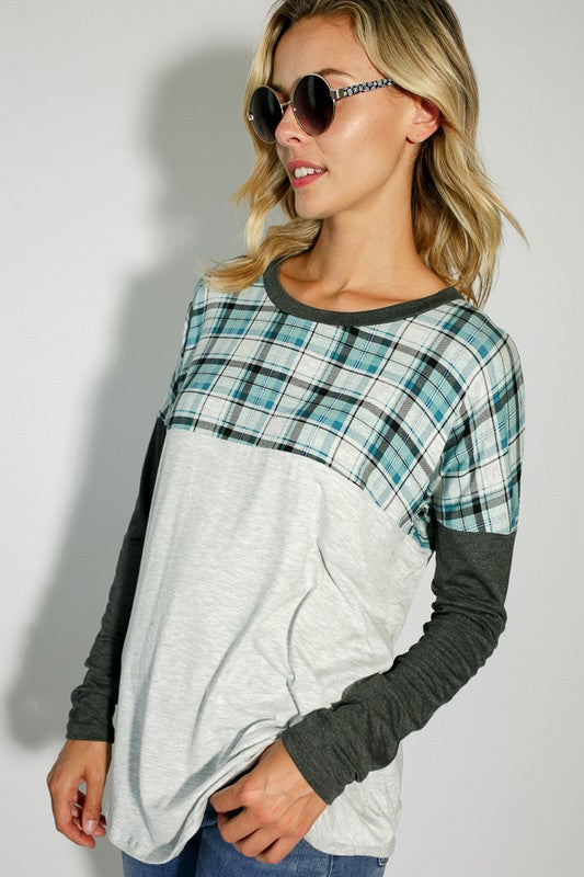 e Luna Plaid Mixed Colorblock Top